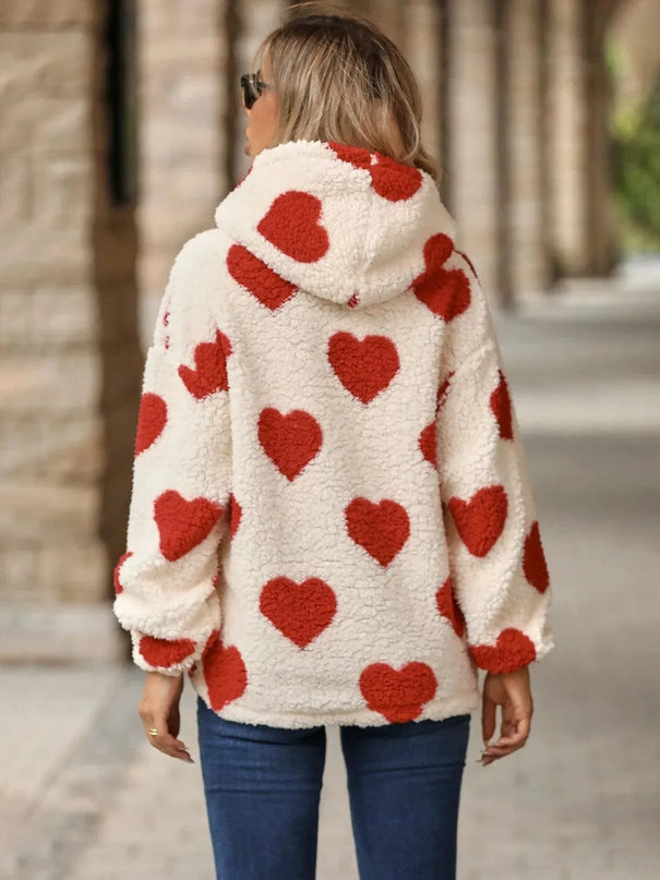 Fuzzy Heart Pocketed Dropped Shoulder Hoodie - ShopEasier