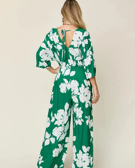 Double Take Full Size Printed Tie Back Wide Leg Jumpsuit - ShopEasier