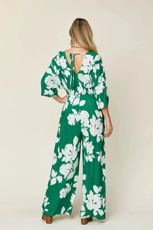 Double Take Full Size Printed Tie Back Wide Leg Jumpsuit - ShopEasier