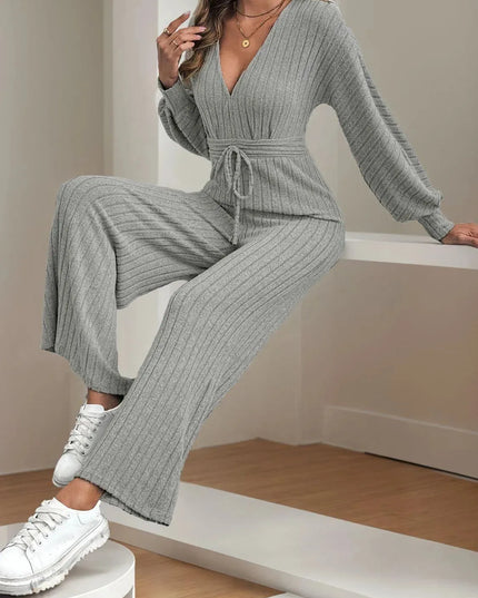 V-Neck Long Sleeve Wide Leg Jumpsuit - ShopEasier