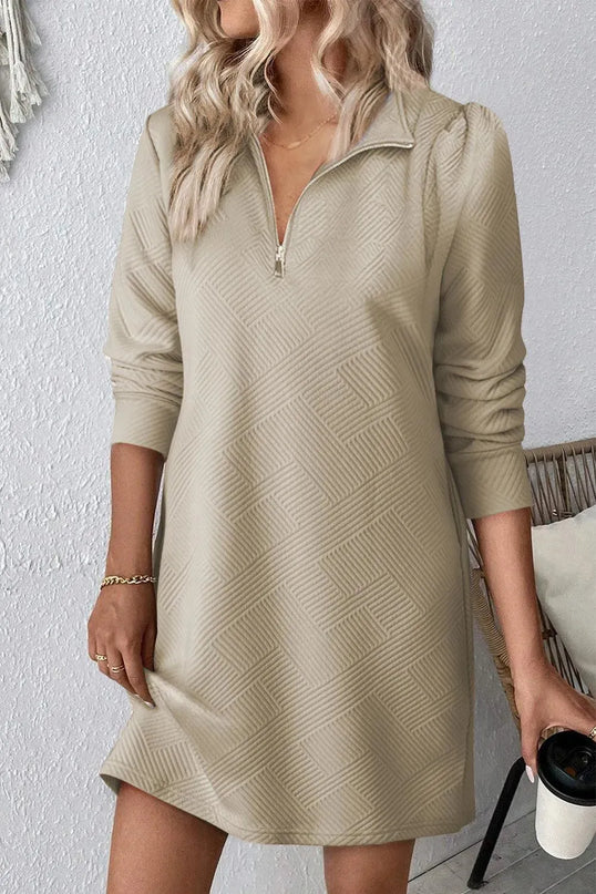 Double Take Textured Quarter Zip Long Sleeve Dress - ShopEasier