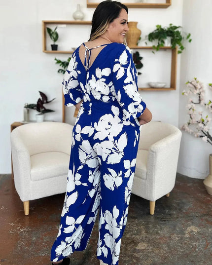 Double Take Full Size Printed Tie Back Wide Leg Jumpsuit - ShopEasier