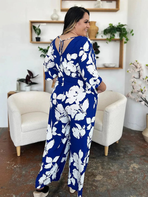 Double Take Full Size Printed Tie Back Wide Leg Jumpsuit - ShopEasier