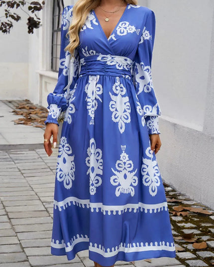 Devine Printed Surplice Lantern Sleeve Midi Dress