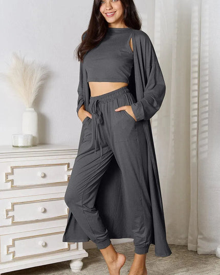 Three-Piece Tied Cardigan, Tank, and Pant Set with Pockets