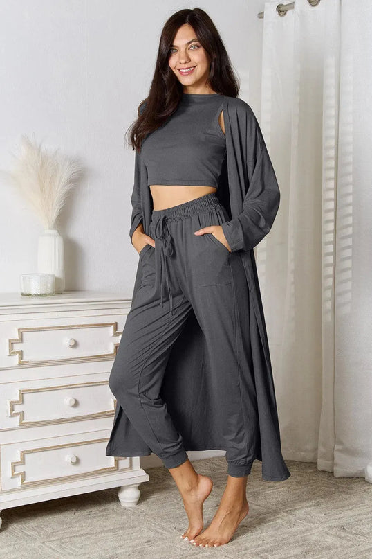 Three-Piece Tied Cardigan, Tank, and Pant Set with Pockets