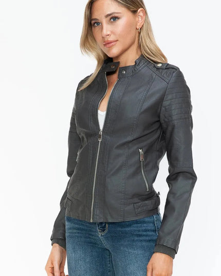 Snobbish PU Leather Biker Jacket with Side Zip Pockets - ShopEasier