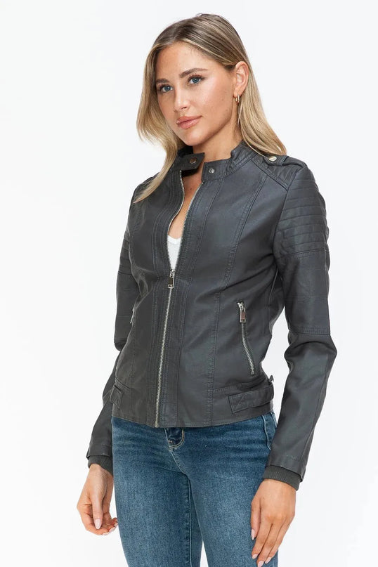 Snobbish PU Leather Biker Jacket with Side Zip Pockets - ShopEasier