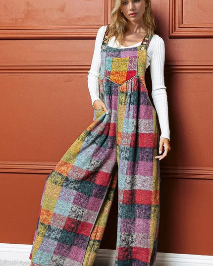 Double Take Full Size Plaid Sleeveless Fleece Wide Leg Jumpsuit - ShopEasier