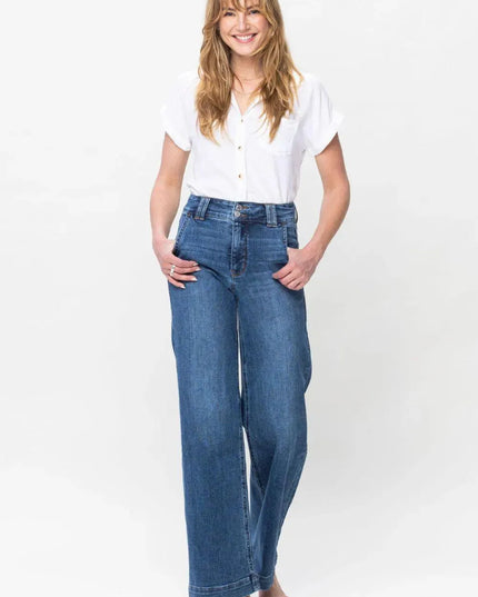 Judy Blue Full Size Double Button Wide Leg Jeans - ShopEasier