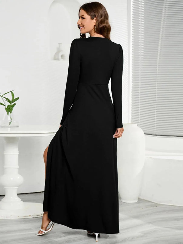 V-Neck Long Sleeve Split Dress - ShopEasier