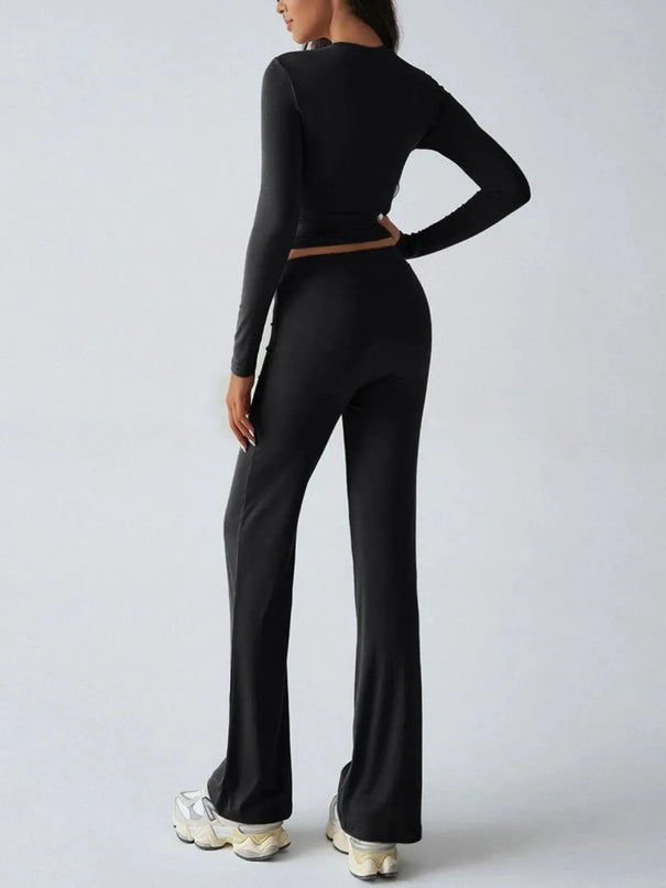 Elegant Long Sleeve Top with Drawstring Trousers Set