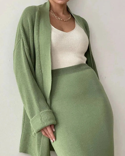 Pocketed Long Sleeve Cardigan and Skirt Sweater Set