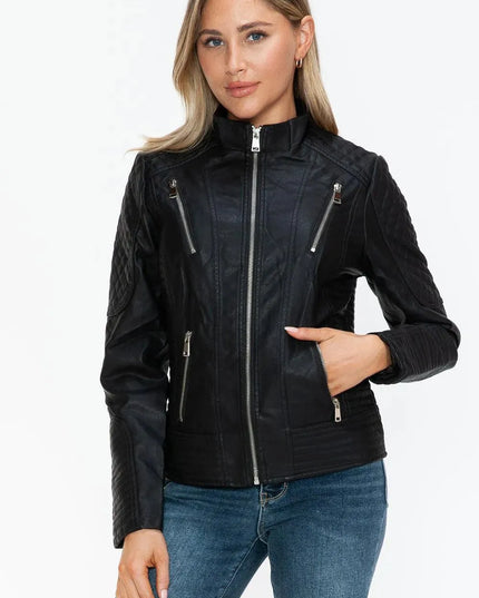 Snobbish Faux Leather Zip Up Mock Neck Jacket - ShopEasier