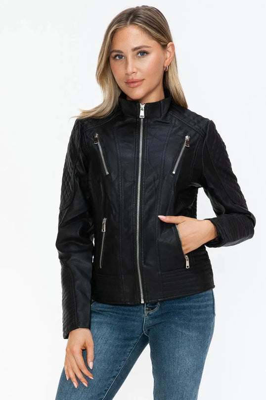 Snobbish Faux Leather Zip Up Mock Neck Jacket - ShopEasier