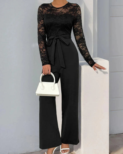 Perfee Lace Round Neck Long Sleeve Jumpsuit - ShopEasier