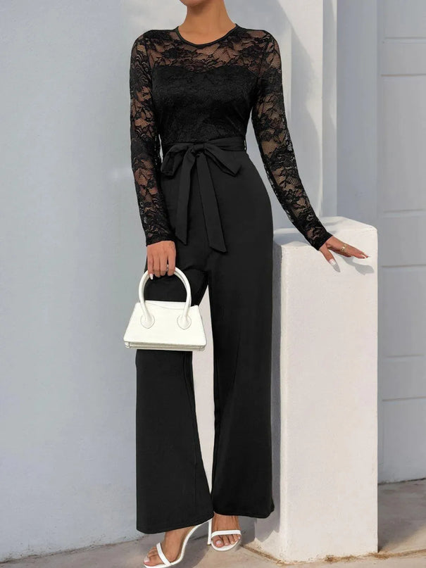 Perfee Lace Round Neck Long Sleeve Jumpsuit - ShopEasier