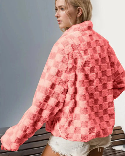 Double Take Checkered Long Sleeve Fuzzy Jacket - ShopEasier