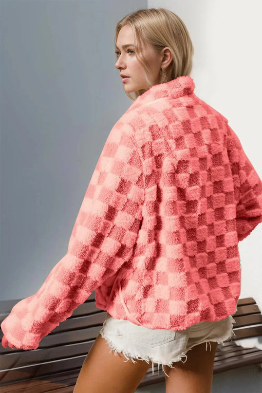 Double Take Checkered Long Sleeve Fuzzy Jacket - ShopEasier