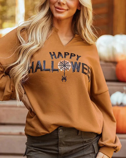 Sequin Letter Graphic Notched Long Sleeve Sweatshirt - ShopEasier