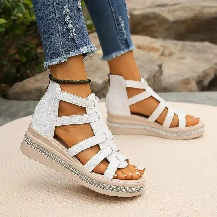 Sparkling Cutout Wedge Sandals with Rhinestone Trim