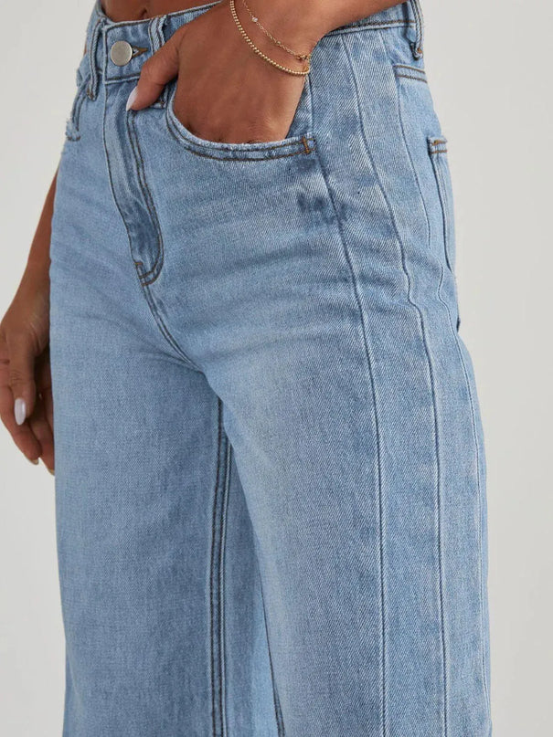 Raw Hem Wide Leg Jeans with Pockets - ShopEasier