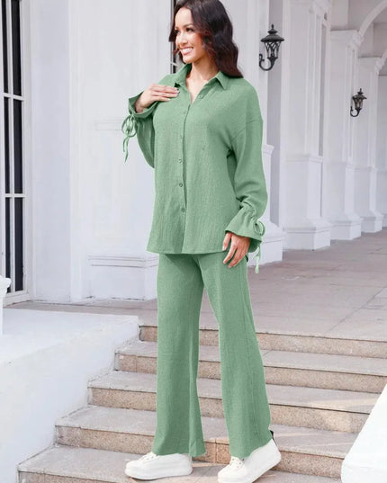 Flouncy Sleeve Drawstring Top and Pant Duo Set