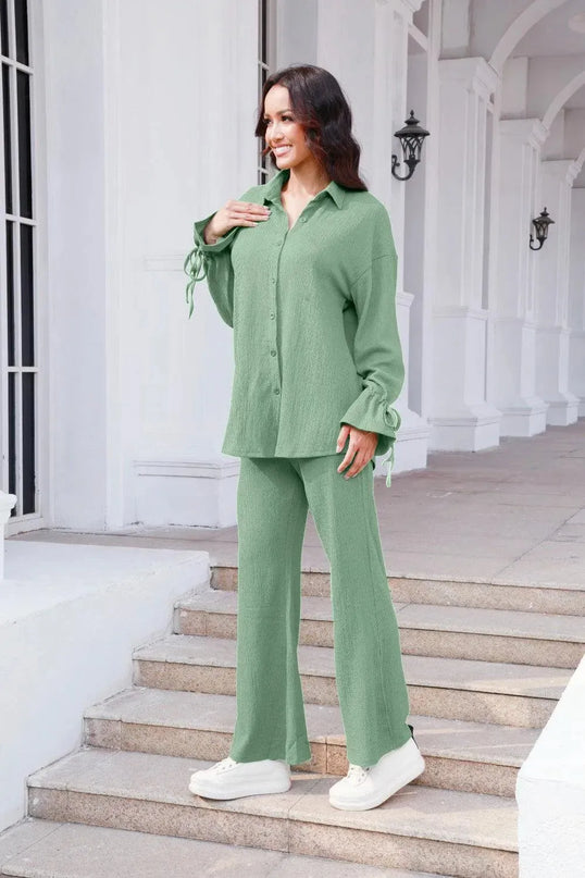 Flouncy Sleeve Drawstring Top and Pant Duo Set