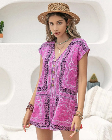 Printed V-Neck Cap Sleeve Romper - ShopEasier