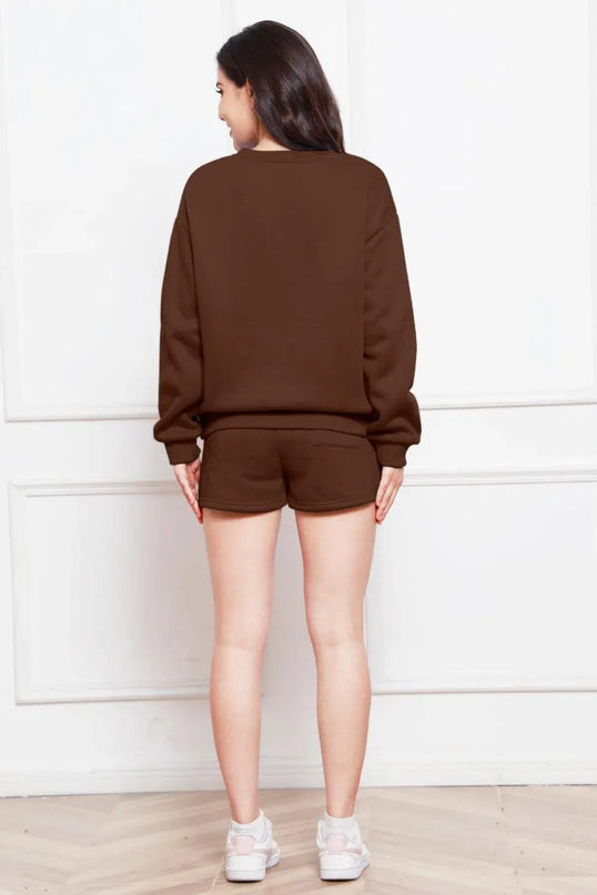 Two-Piece Drawstring Shorts and Long Sleeve Sweatshirt Set