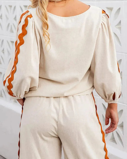 Cozy Round Neck Long Sleeve Top with Adjustable Drawstring Pants Set