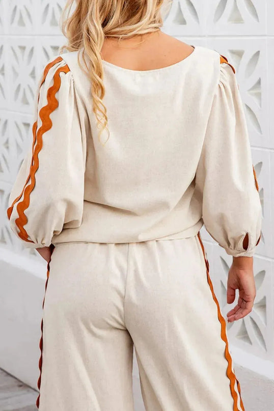 Cozy Round Neck Long Sleeve Top with Adjustable Drawstring Pants Set