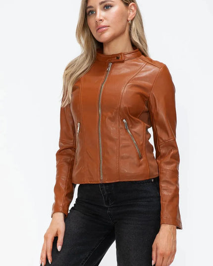 Snobbish Faux Leather Zip Up Drawstring Hooded Jacket - ShopEasier