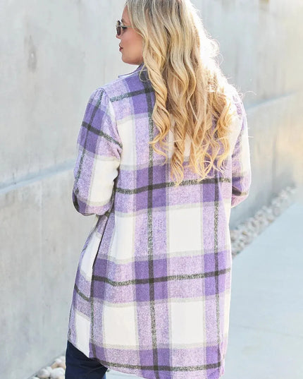 Plaid Button-Up Lapel Coat with Pockets - Full Size Double Take Design