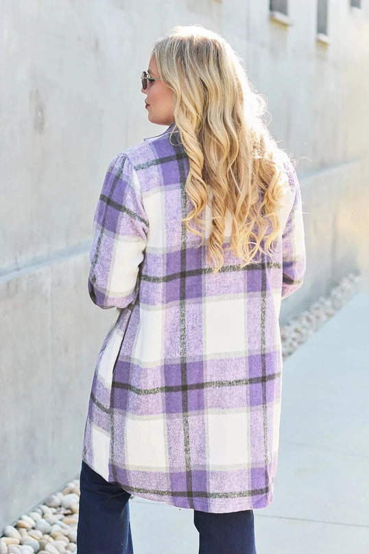 Plaid Button-Up Lapel Coat with Pockets - Full Size Double Take Design