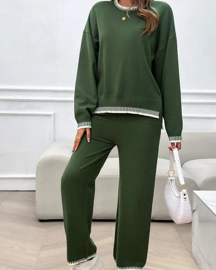 Chic Dropped Shoulder Sweater Set with Round Neck Top and Pants