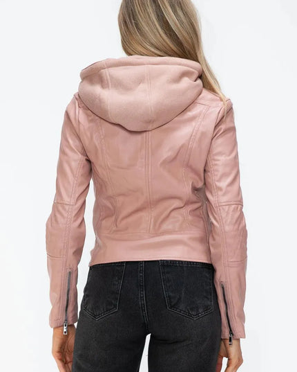 Snobbish Faux Leather Zip Up Drawstring Hooded Jacket - ShopEasier