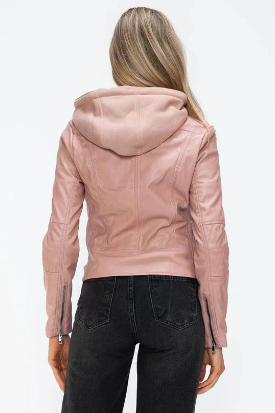 Snobbish Faux Leather Zip Up Drawstring Hooded Jacket - ShopEasier