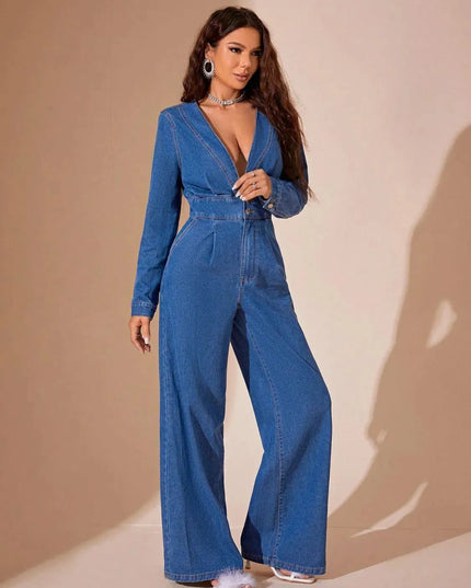 Plunge Long Sleeve Wide Leg Denim Jumpsuit - ShopEasier