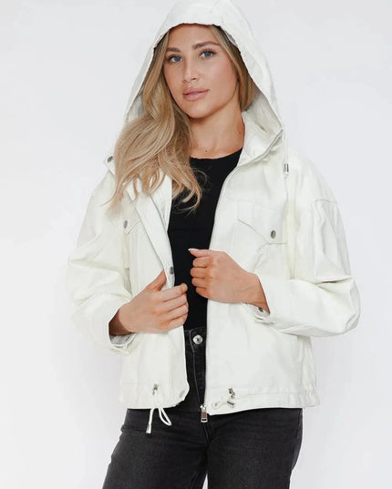 How Dare U Drawstring Hem PU Leather Zip Up Jacket - ShopEasier