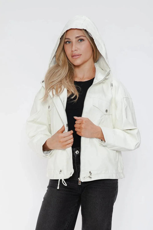 How Dare U Drawstring Hem PU Leather Zip Up Jacket - ShopEasier