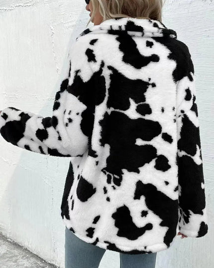 Cow Print Collared Neck Button Up Fuzzy Jacket - ShopEasier