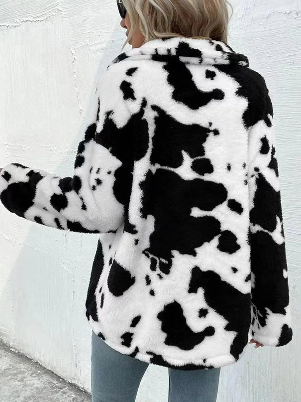 Cow Print Collared Neck Button Up Fuzzy Jacket - ShopEasier