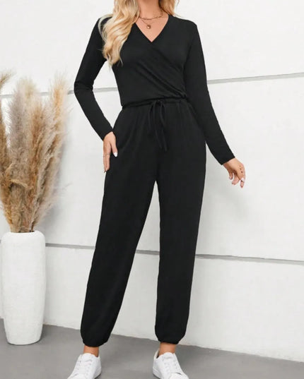 Surplice Tie Waist Long Sleeve Jumpsuit - ShopEasier