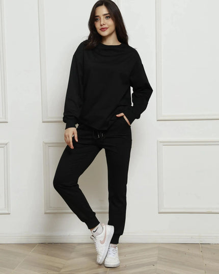 Casual Round Neck Long Sleeve Top with Drawstring Pants Set