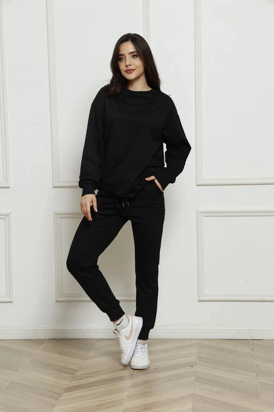 Casual Round Neck Long Sleeve Top with Drawstring Pants Set