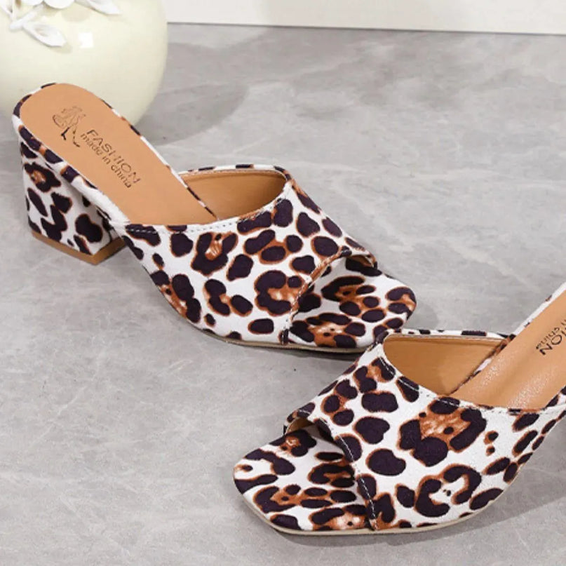 Leopard Print Suede Mid Heel Sandals