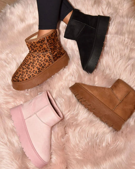 Cozy Chic Leopard Print Platform Booties with Furry Lining