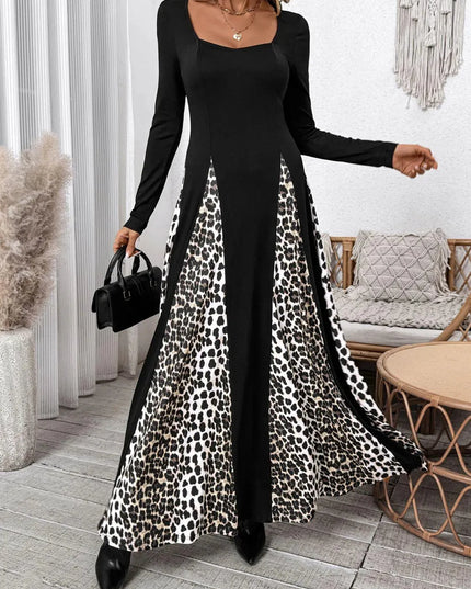 Perfee Leopard Square Neck Long Sleeve Maxi Dress - ShopEasier