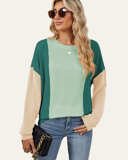 Textured Contrast Long Sleeve Round Neck Tee